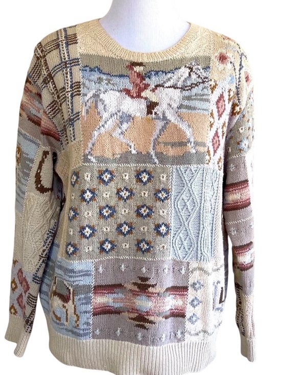 Ralph Lauren Sweaters - Vintage Y2K Ralph Lauren Beige Patchwork Horse-Print Crewneck Sweater
